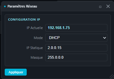 Fenêtre Paramètres Réseau